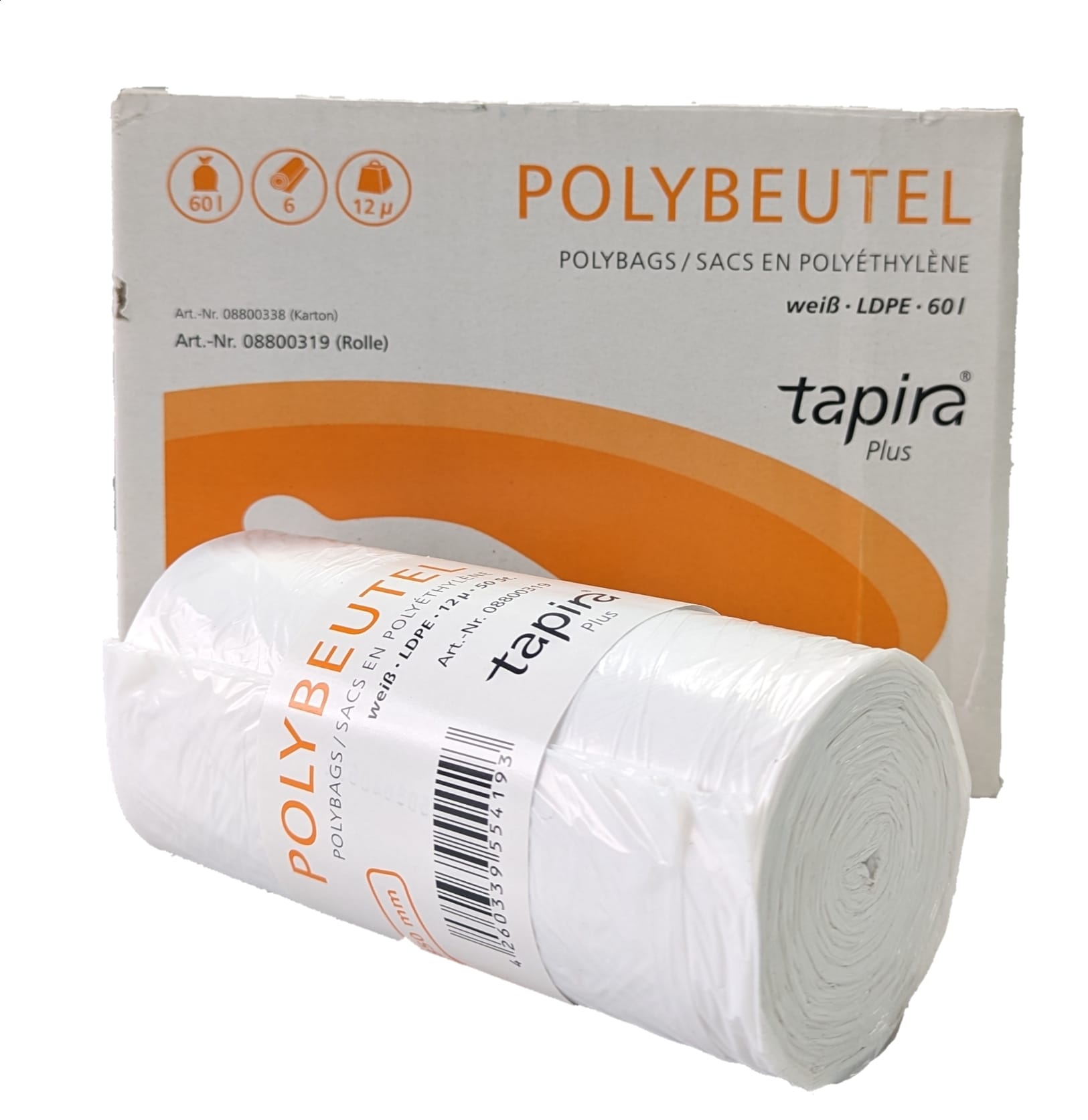 Müllbeutel 60 l, Tapira plus, weiß, 12µ, 630x850 mm, 50 Stk pro Rolle, passend für Drahtgitterkörbe