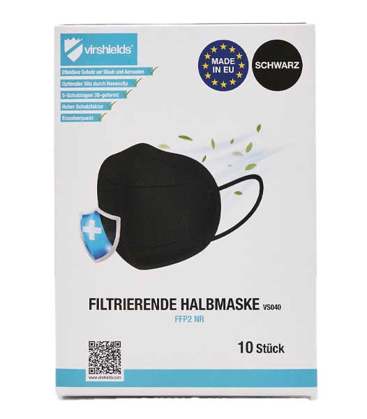 schwarze FFP2 Atemschutzmaske, CE 1463, 10 Stück/Box