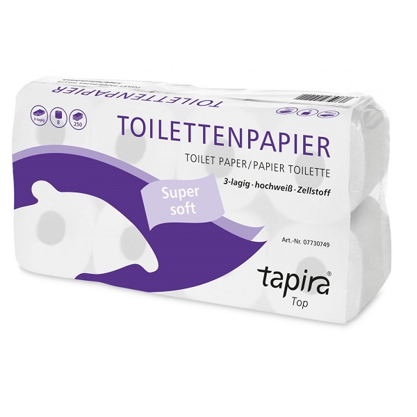 TAPIRA top Toilettenpapier, 3-lagig, weiß, Zellstoff, 8 x 8 Rollen á 250 Blatt, 1 Umpack