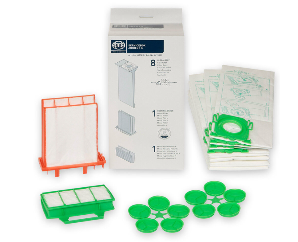 SEBO Servicebox für K-Geräte, Abluftfilter, Hygienefilter und 8 Beutel